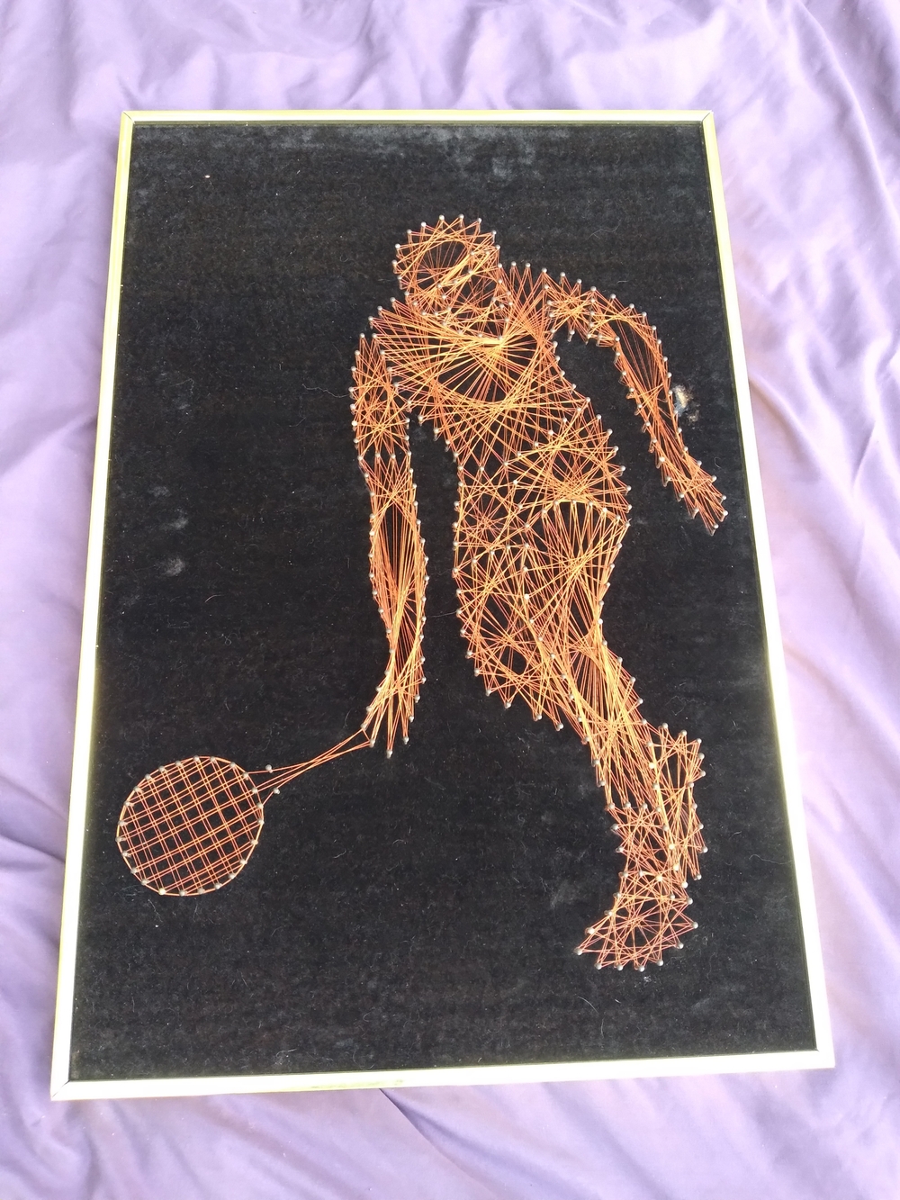 Mid Century Art Orange String Art Tennis Player Wall Hanging by